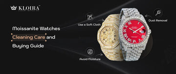 Moissanite Watches Cleaning Care Buying Guide banner shows luxury watches with tips: soft cloth dust removal moisture avoidance.