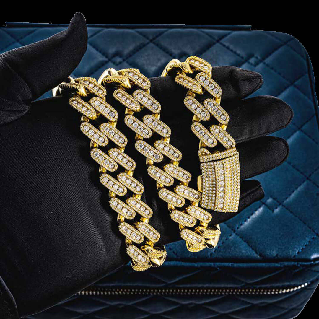 18mm Round Moissanite Cuban Link Chain Golden Blaze  in 14K Yellow Gold Front
