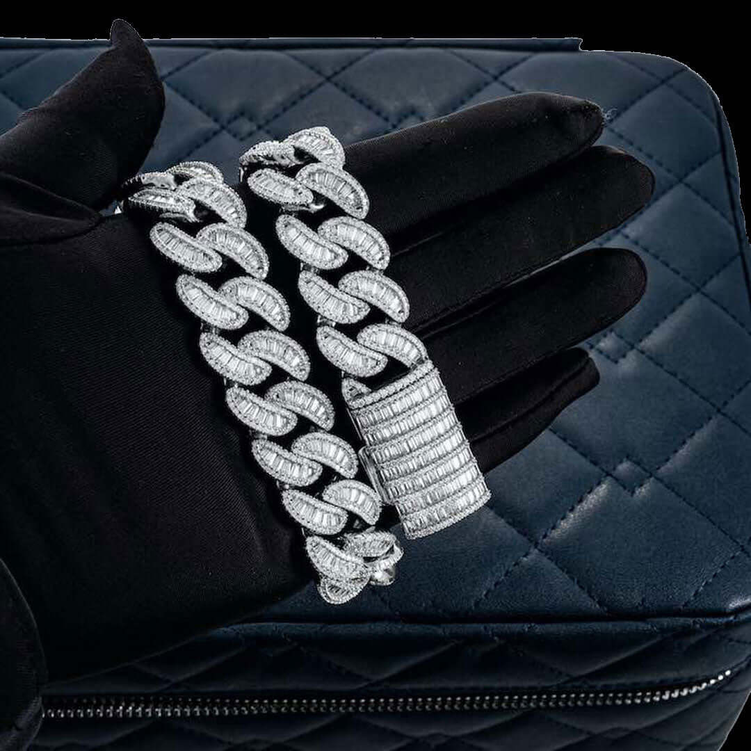 20mm Emerald Moissanite Cuban Link Chain Elite Weave in 14K White Gold Full