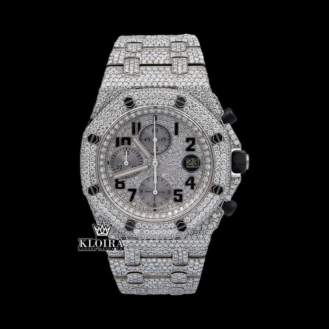 AP Chronograph Iced Out Silver Moissanite Diamond Watch Front View