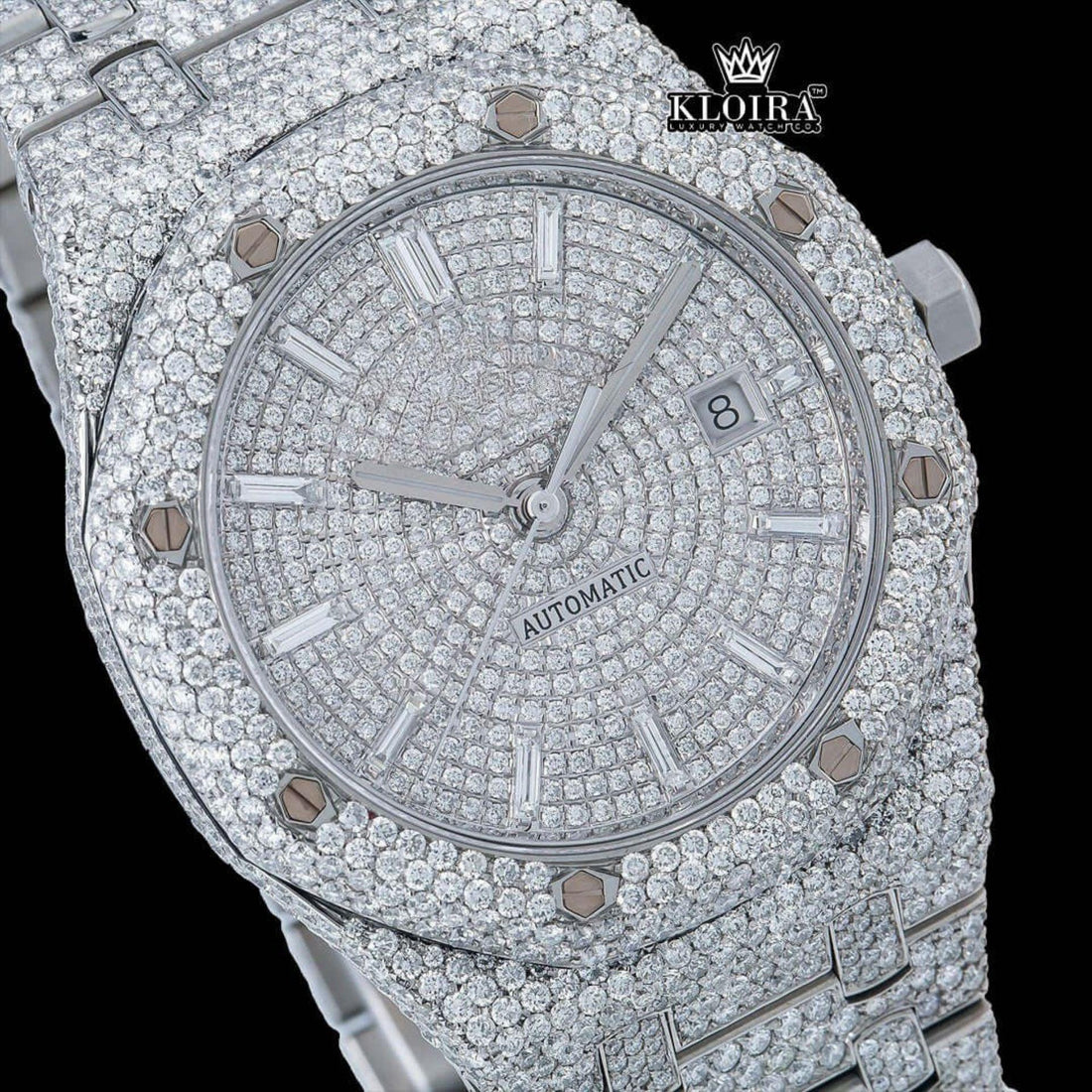 AP Diamond Markers Fully Bust Down Moissanite Diamond Watch Front View