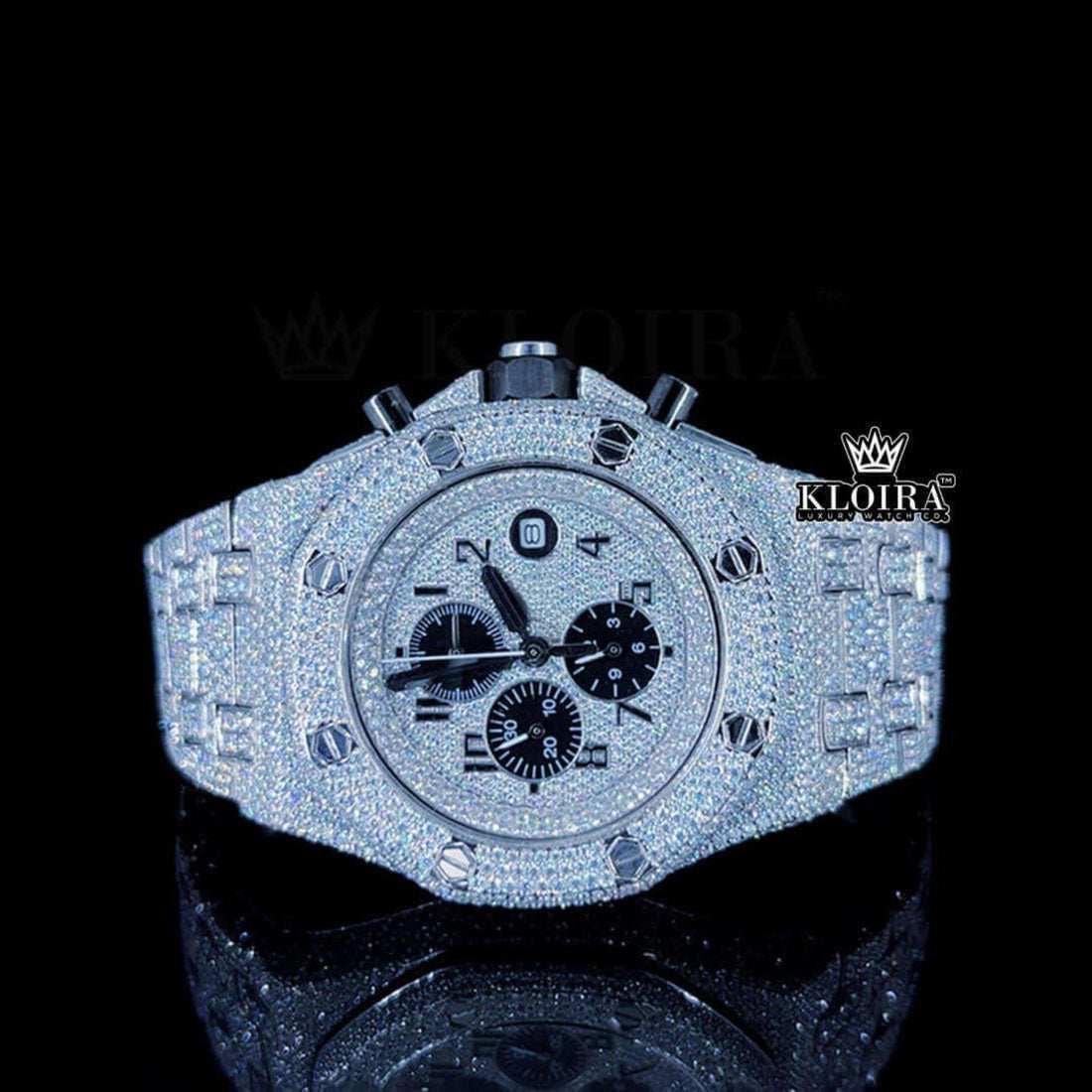 AP Fully Iced Out Moissanite Diamond Chronograph Watch Black Subdials Front View