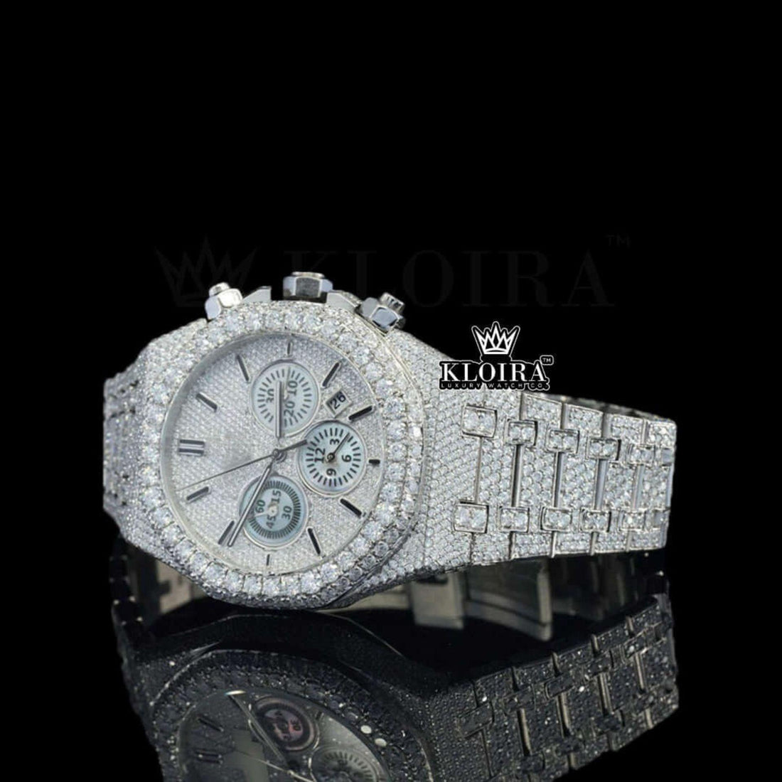 AP Fully Iced Out White Dial Moissanite Diamond Watch Front View
