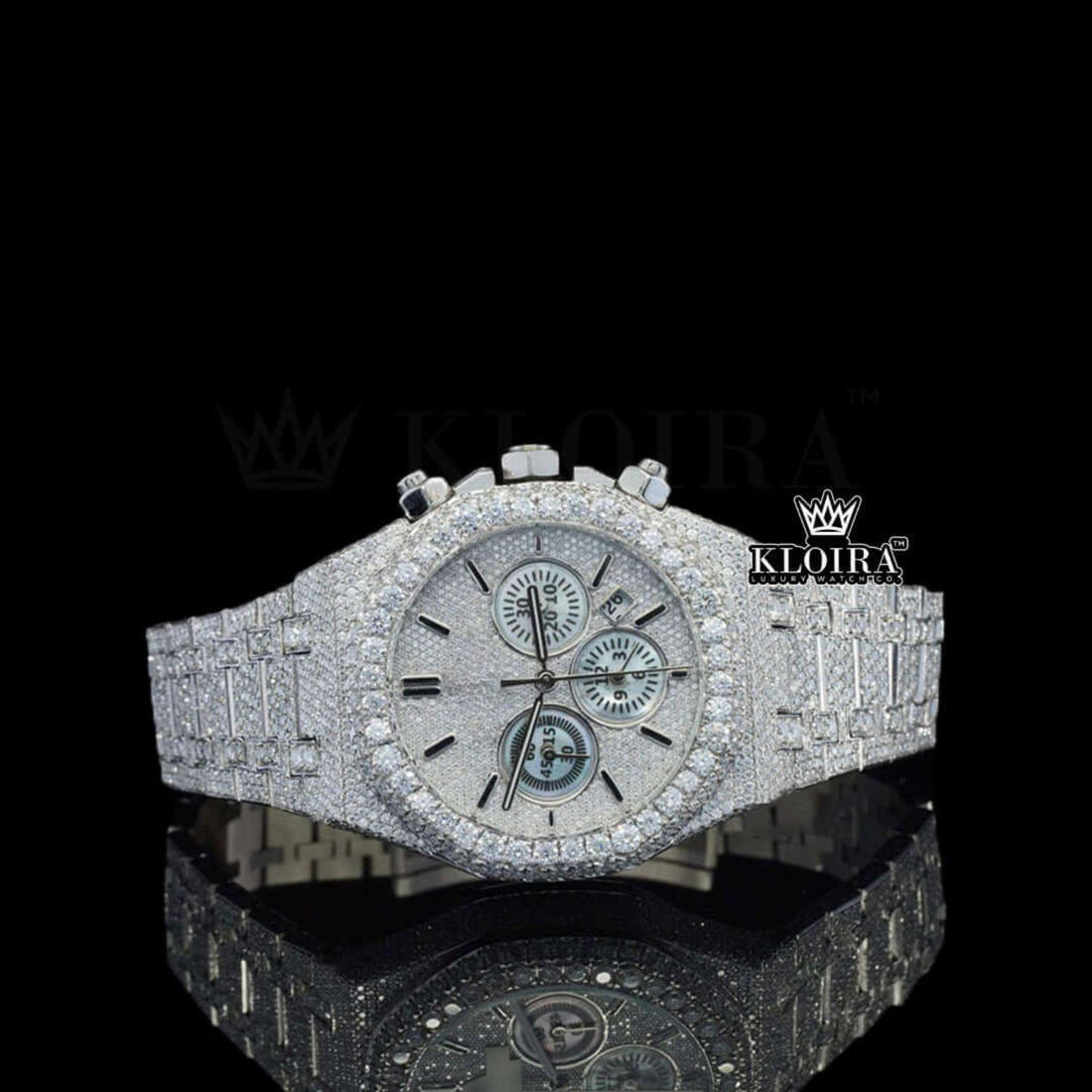 AP Fully Iced Out White Dial Moissanite Diamond Watch Front View