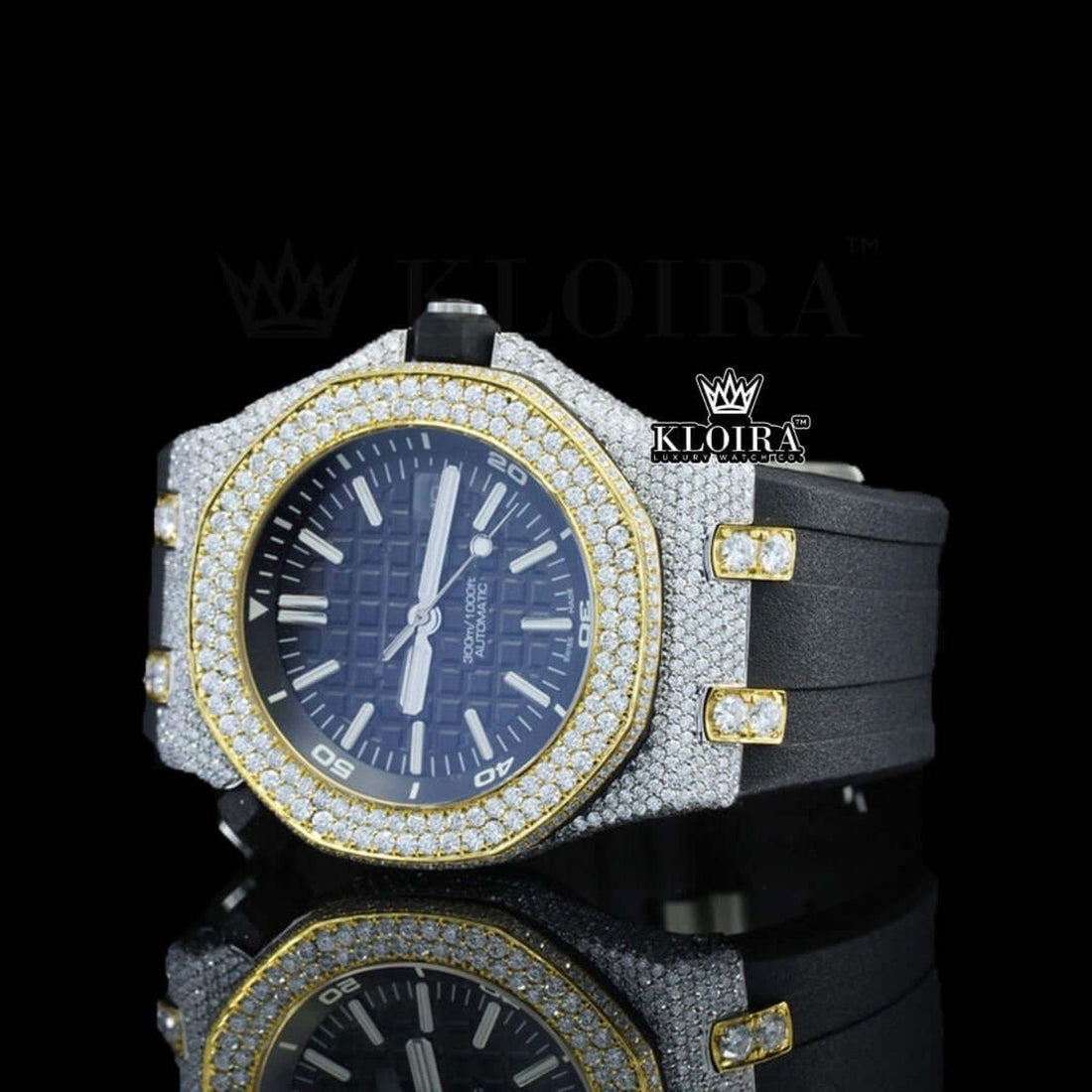 AP Inspired Style Iced Out Moissanite Diamond Watch Black Rubber Strap Front View