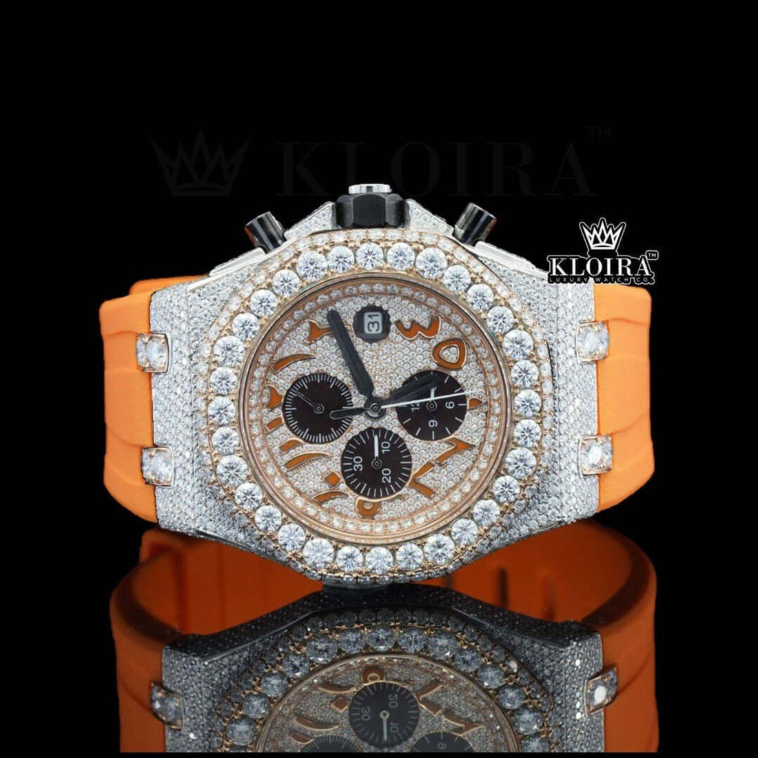 Arabic Dial Iced Out Moissanite Diamond Watch With Orange Rubber Strap Front View