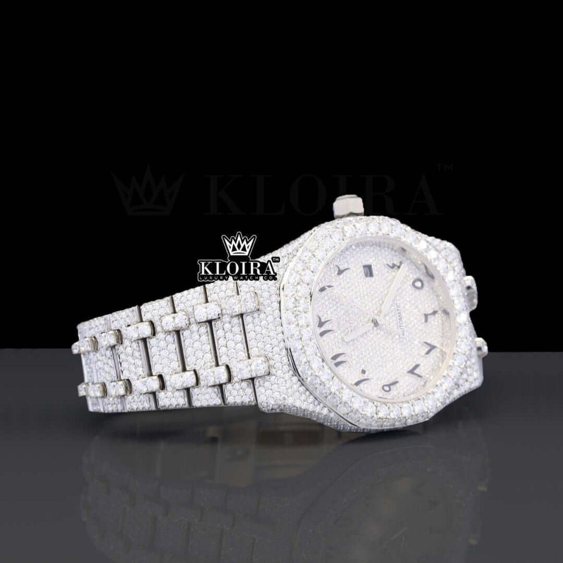Black Arabic Dial AP Fully Iced Out White Moissanite Diamonds Watch Front View