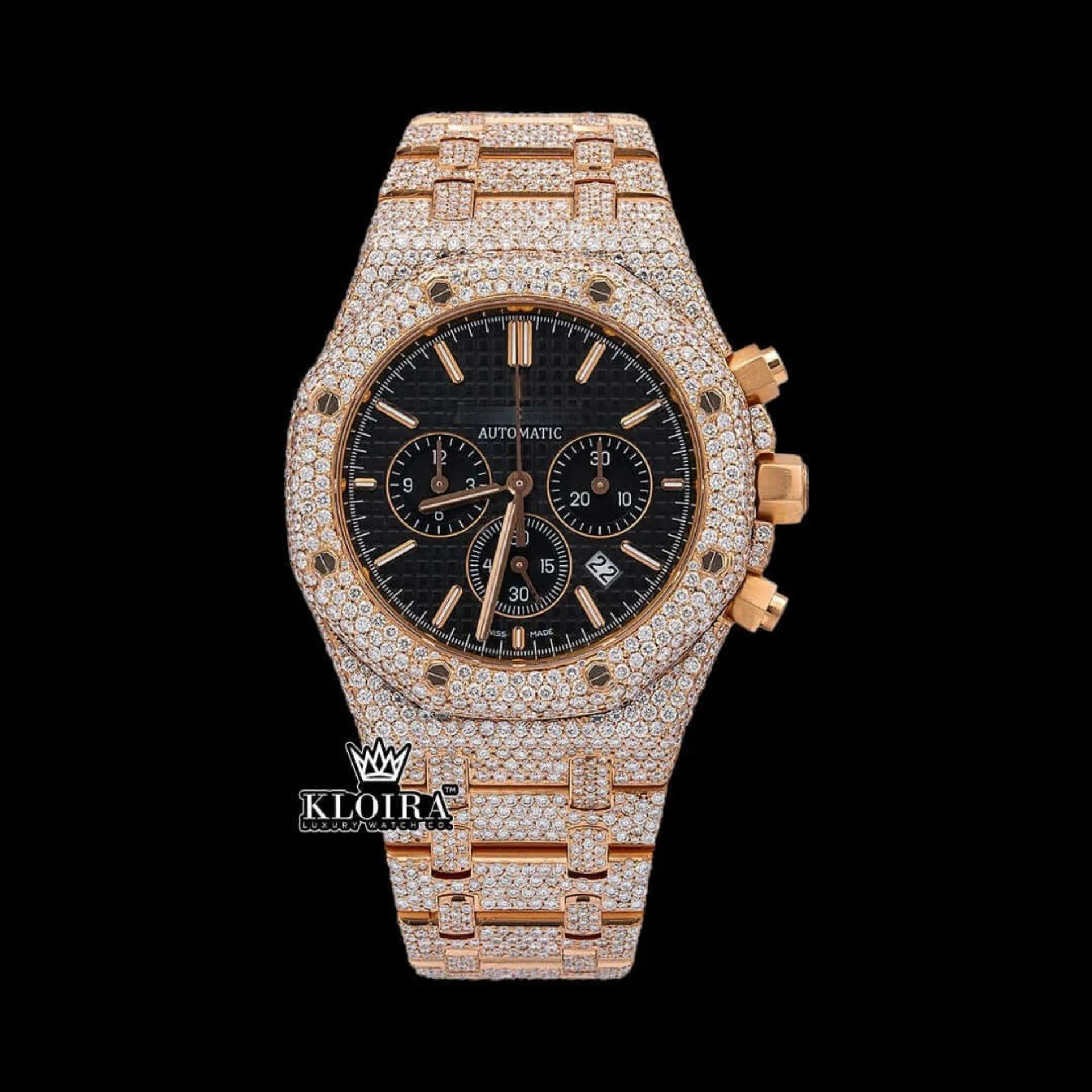 Black Chronograph Dial Full Iced Out Rose Gold Lab Grown 