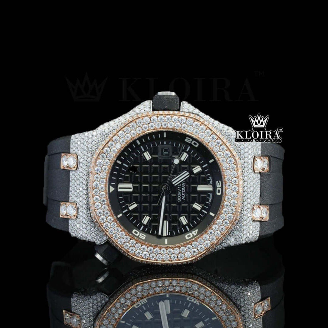 Black Dial AP Inspired Black Rubber Strap Iced Out Moissanite Watch Front View