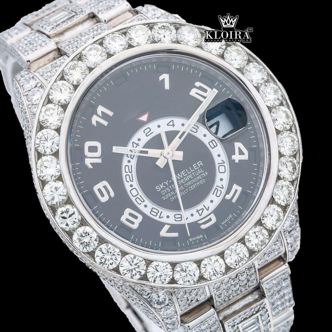 Black Dial Dual Time Sky Full Iced Out Moissanite Diamond Watch Front View