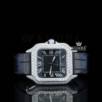 Black Leather Strap Roman Numerals Moissanite Diamond Watch Front View