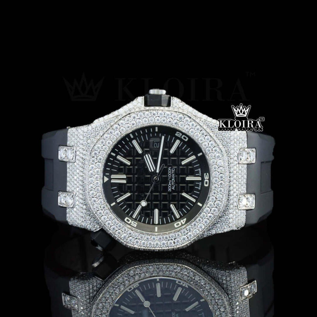 Black Rubber Strap Black Dial AP Iced Out Moissanite Diamond Watch Front View