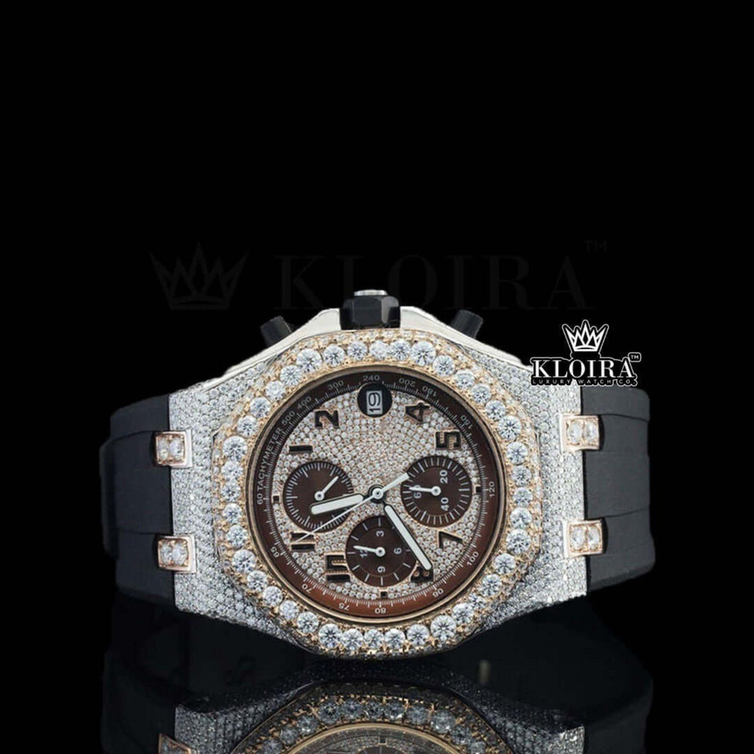 Black Rubber Strap Chrono Dial AP Inspired Moissanite Diamond Watch Front View