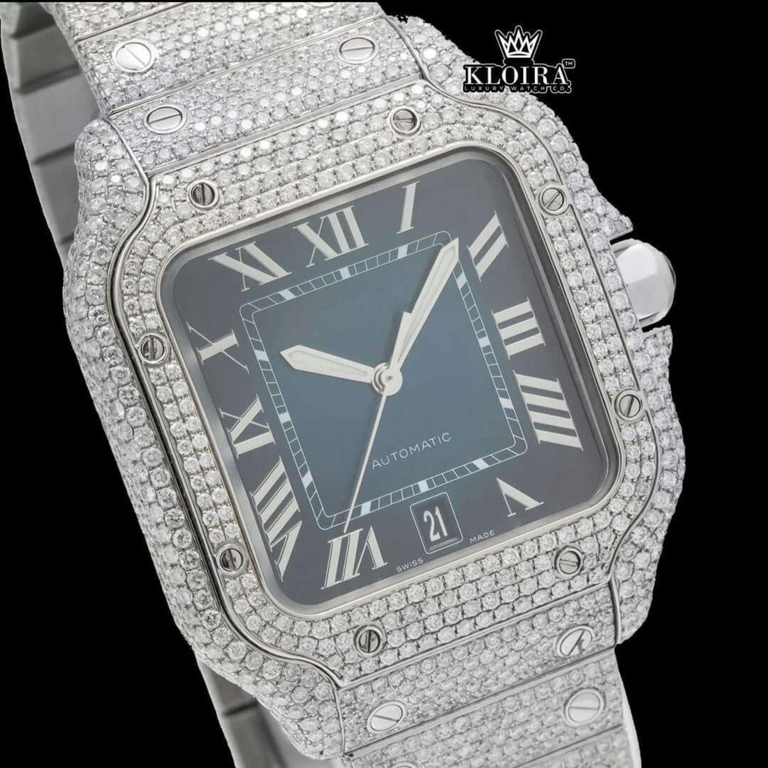 Blue Cartier Santos Inspired Midnight Moissanite Diamond Watch 14K Gold 42mm Front View