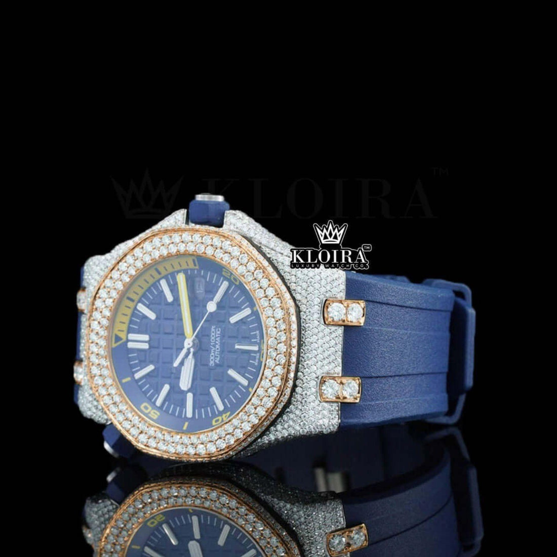 Blue Dial AP Inspired Iced Out Moissanite Diamond Watch Blue Rubber Strap Front View