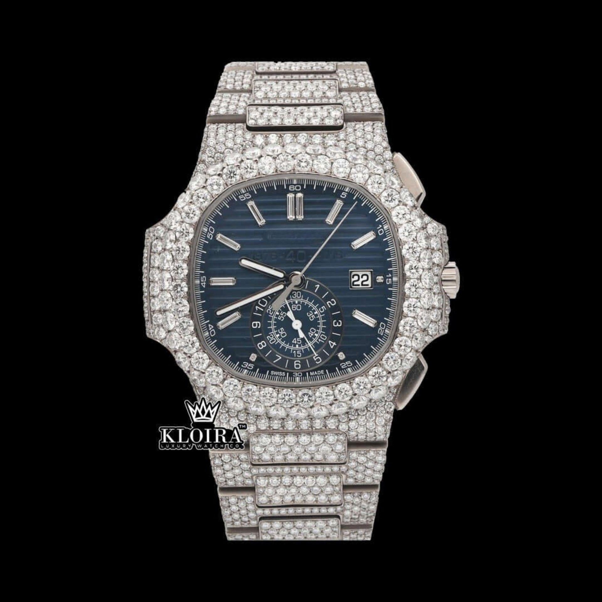 Iced Out Blue Dial Diamond Markers Chronograph Moissanite Diamond Watc
