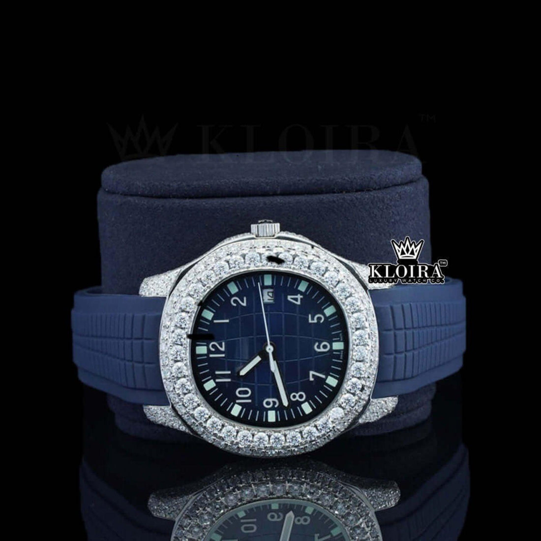 Blue Rubber Strap Iced Out Moissanite Diamond Luxury Watch Front View