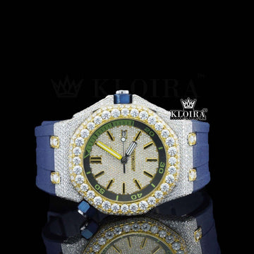 Blue Rubber Strap Iced Out Yellow Dial Moissanite Watch Front View