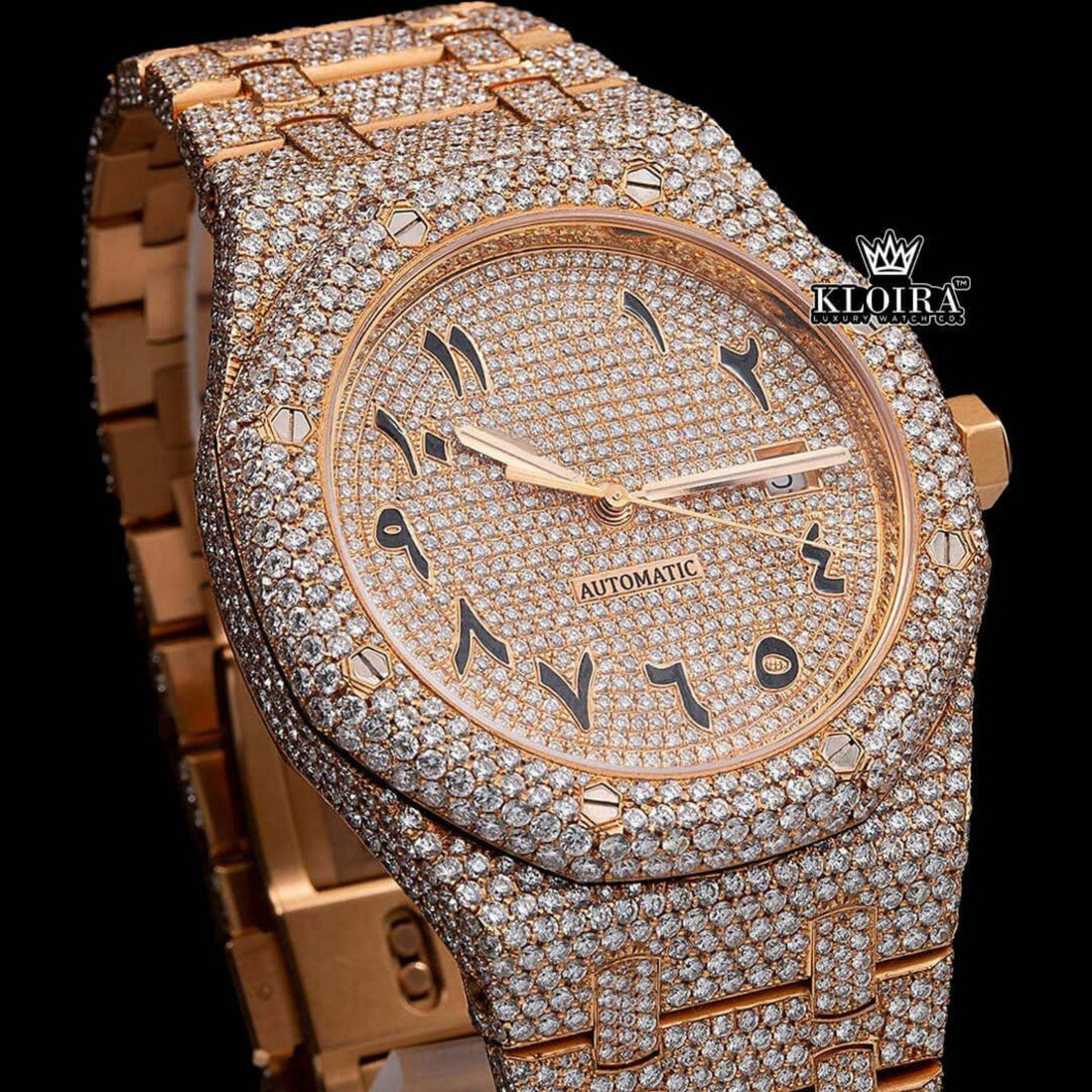 Bust Down Arabic Dial Rose Gold Moissanite Diamond Watch  Front View