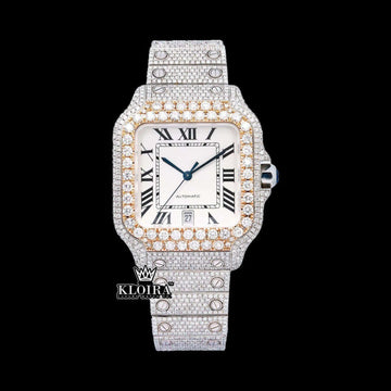 Bust Down Cartier Inspired Moissanite Diamond Watch Rose Gold Bezel Front View