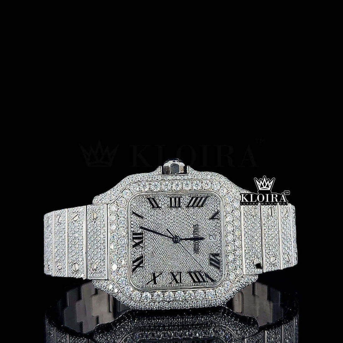Cartier Inspired Iced Out Black Hand Moissanite Diamond Watch 14K Gold 42mm Front View
