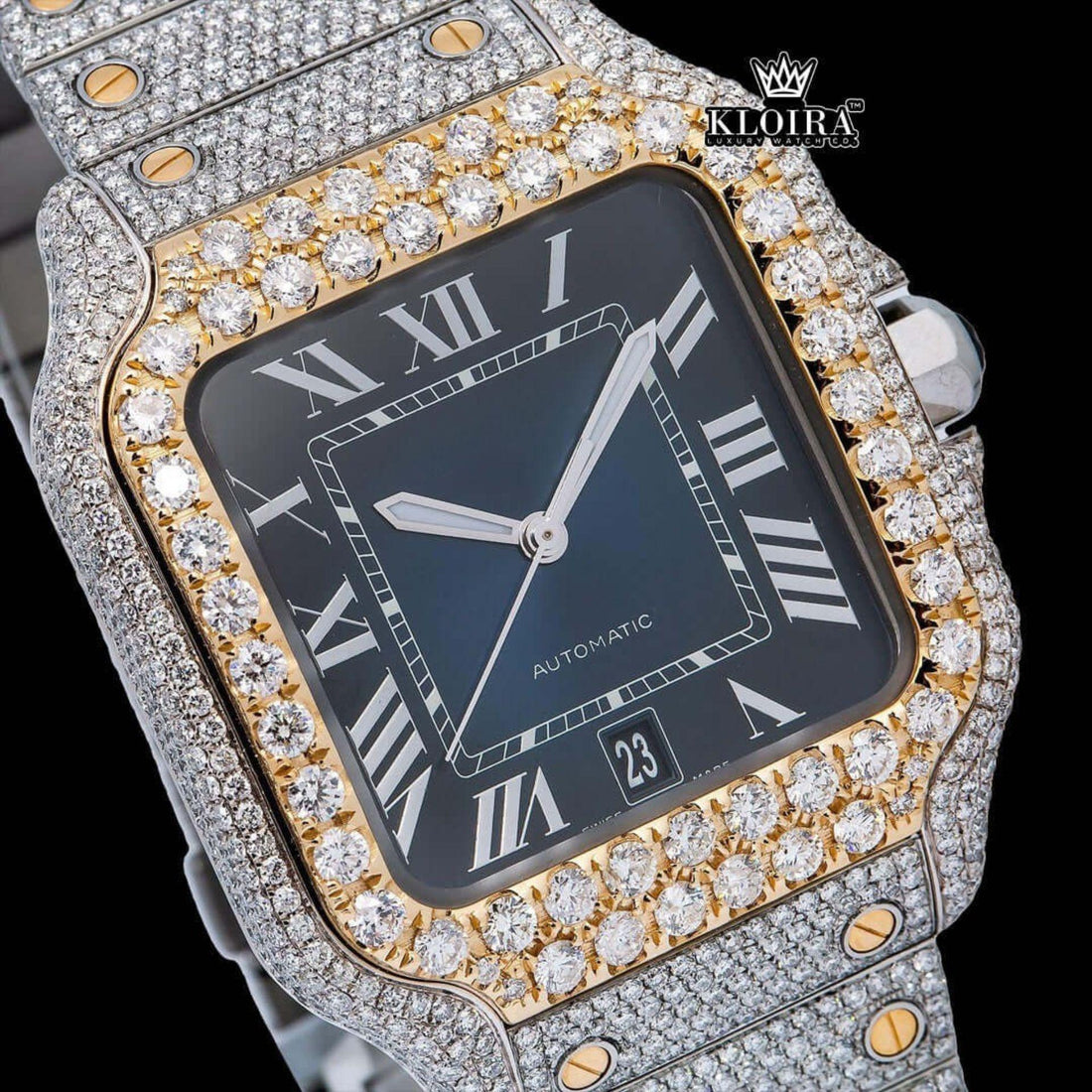 Cartier Inspired Iced Out Blue Gradient Dial Moissanite Diamond Watch 14K Gold Front View