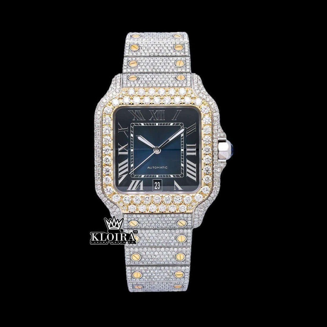 Cartier Inspired Iced Out Blue Gradient Dial Moissanite Diamond Watch 14K Gold Front View