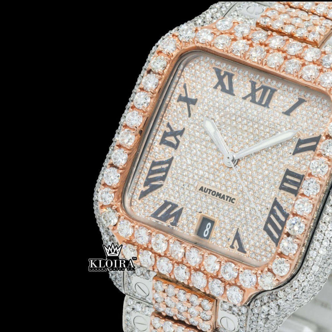 Cartier Inspired Iced Out Moissanite Diamond Watch Roman Numerals 14K Gold 42mm Front View