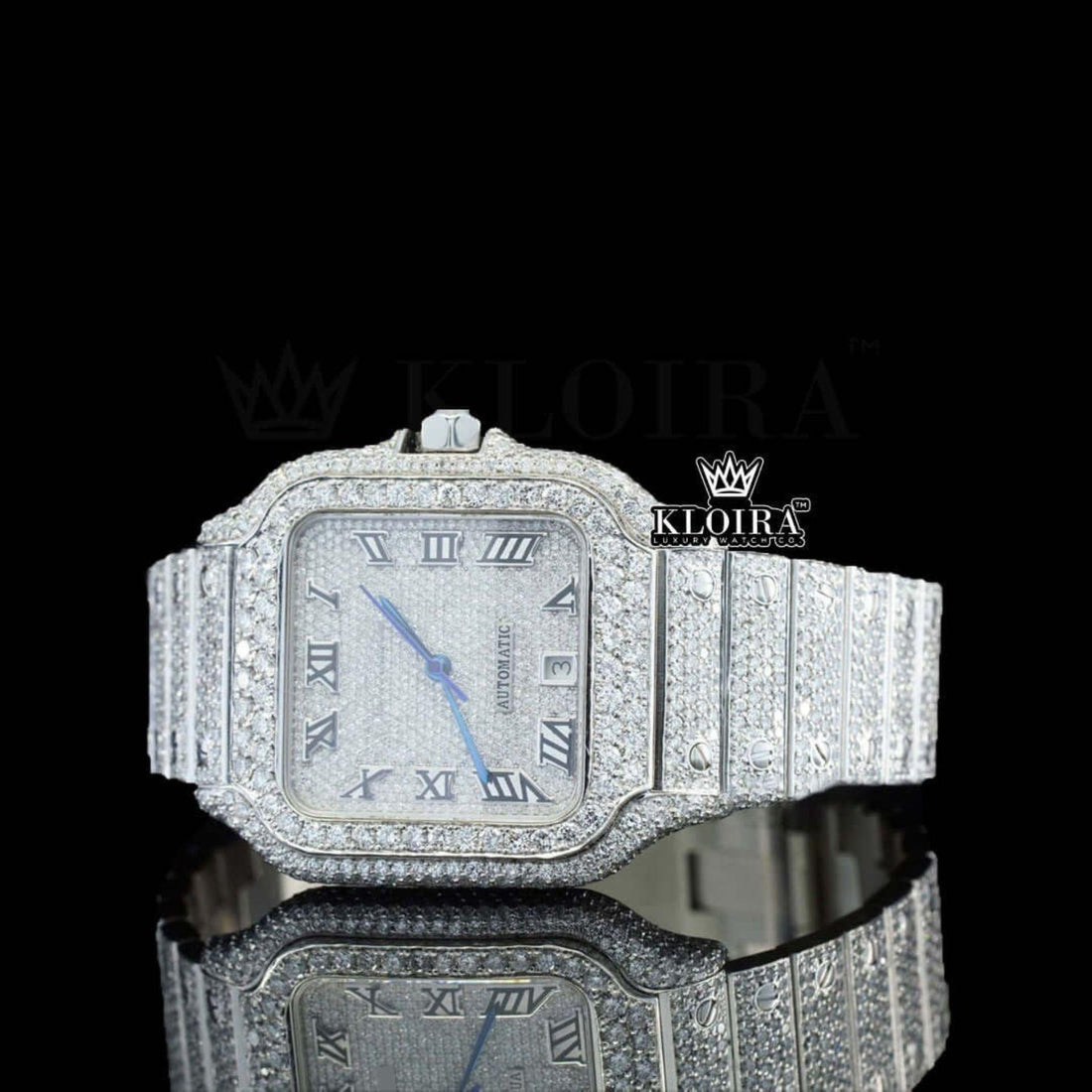 Cartier Inspired Men's Moissanite Diamond Watch 14K Gold VVS 24 Carat 42mm Front View