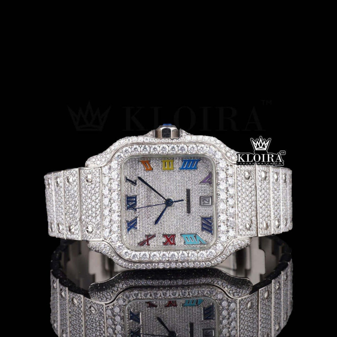 Cartier Inspired Mens Square Watch Roman Numeral Dial Moissanite Diamonds Front View