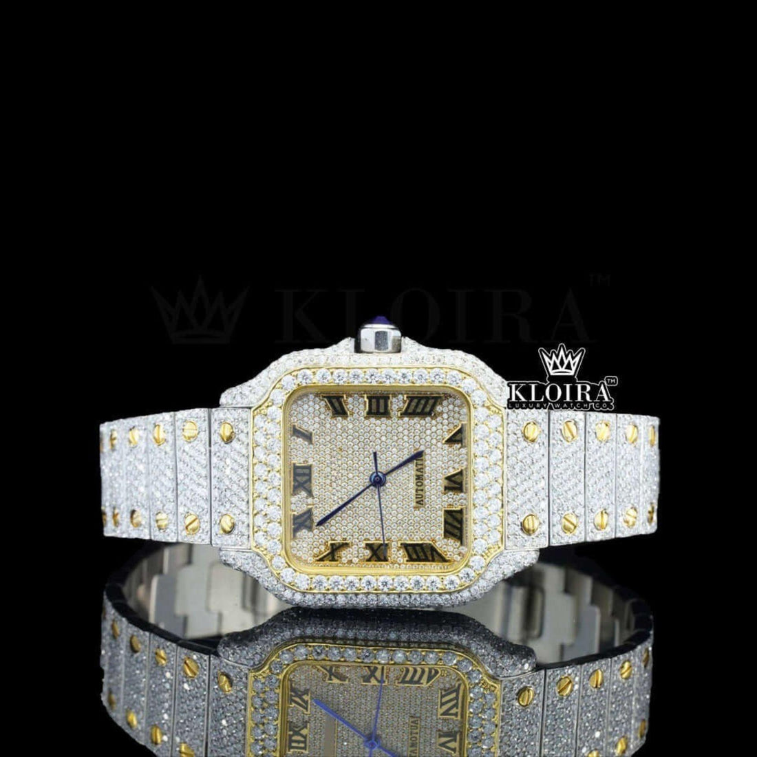 Cartier Inspired Moissanite Diamond Watch Gold Accent Iced Out 14K Gold 42mm Front View
