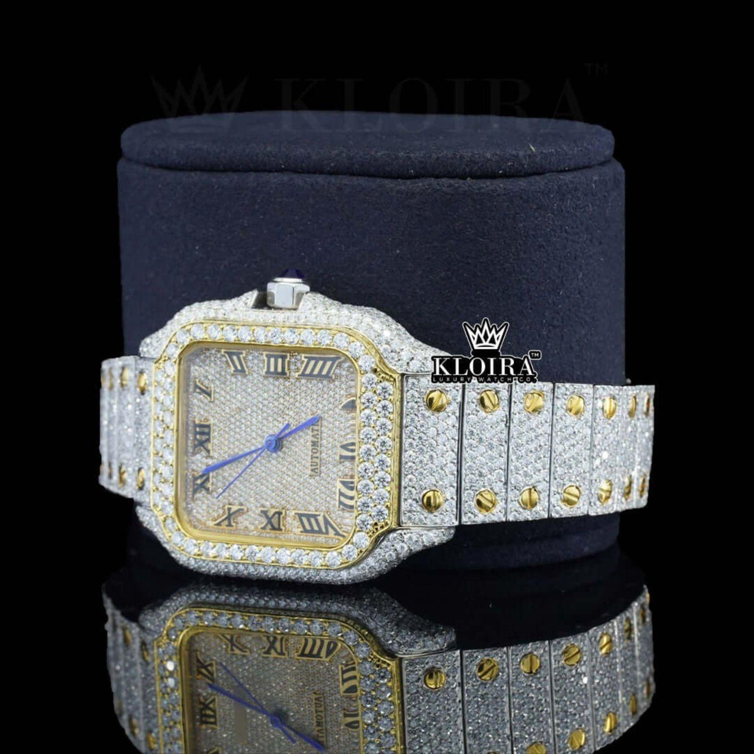 Cartier Inspired Moissanite Diamond Watch Gold Accent Iced Out 14K Gold 42mm Front View