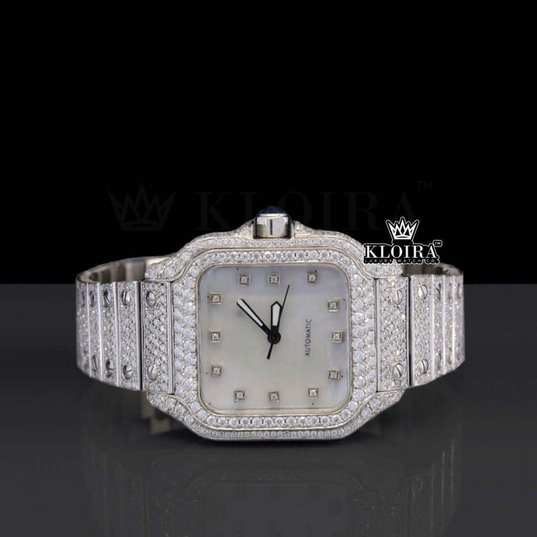 Cartier Inspired Mother of Pearl Moissanite Diamond Watch Front View