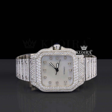 Cartier Inspired Mother of Pearl Moissanite Diamond Watch Front View