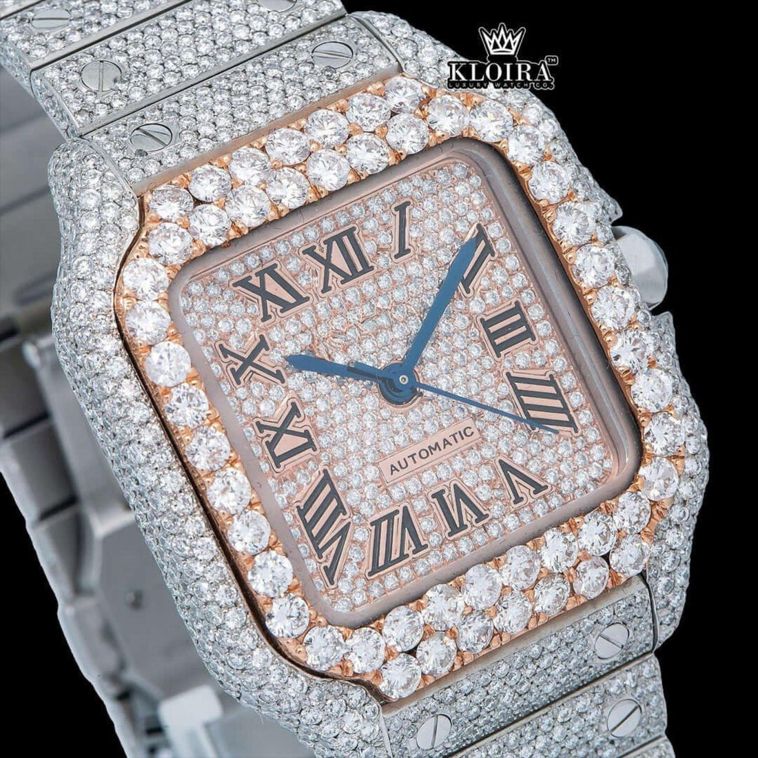 Cartier Inspired Roman Numeral Moissanite Diamond Two Tone Watch 14K Gold 42mm Front View