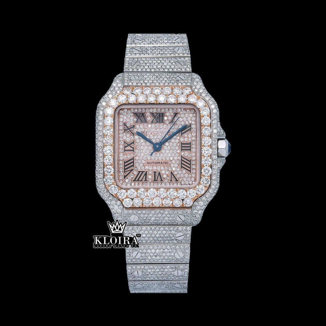 Cartier Inspired Roman Numeral Moissanite Diamond Two Tone Watch 14K Gold 42mm Front View
