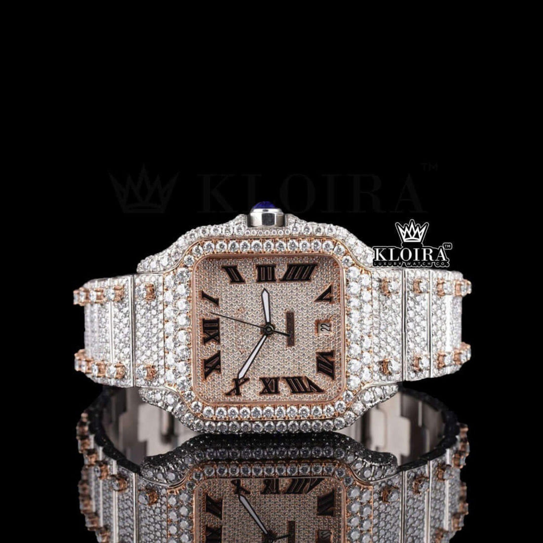 Cartier Inspired Square Two-Tone Moissanite Diamond Watch 14K Gold VVS 42mm Front View