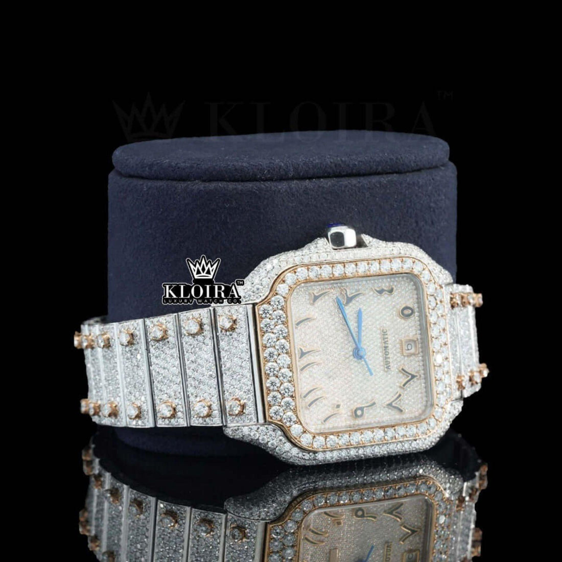 Cartier Inspired Two Tone Rose Gold Arabic Dial Moissanite Diamond Watch Front View