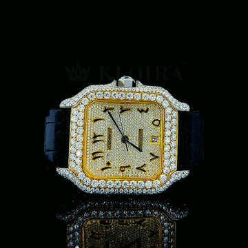 Front view of Cartier Diamond Watch with gold bezel, diamond dial, and black leather strap