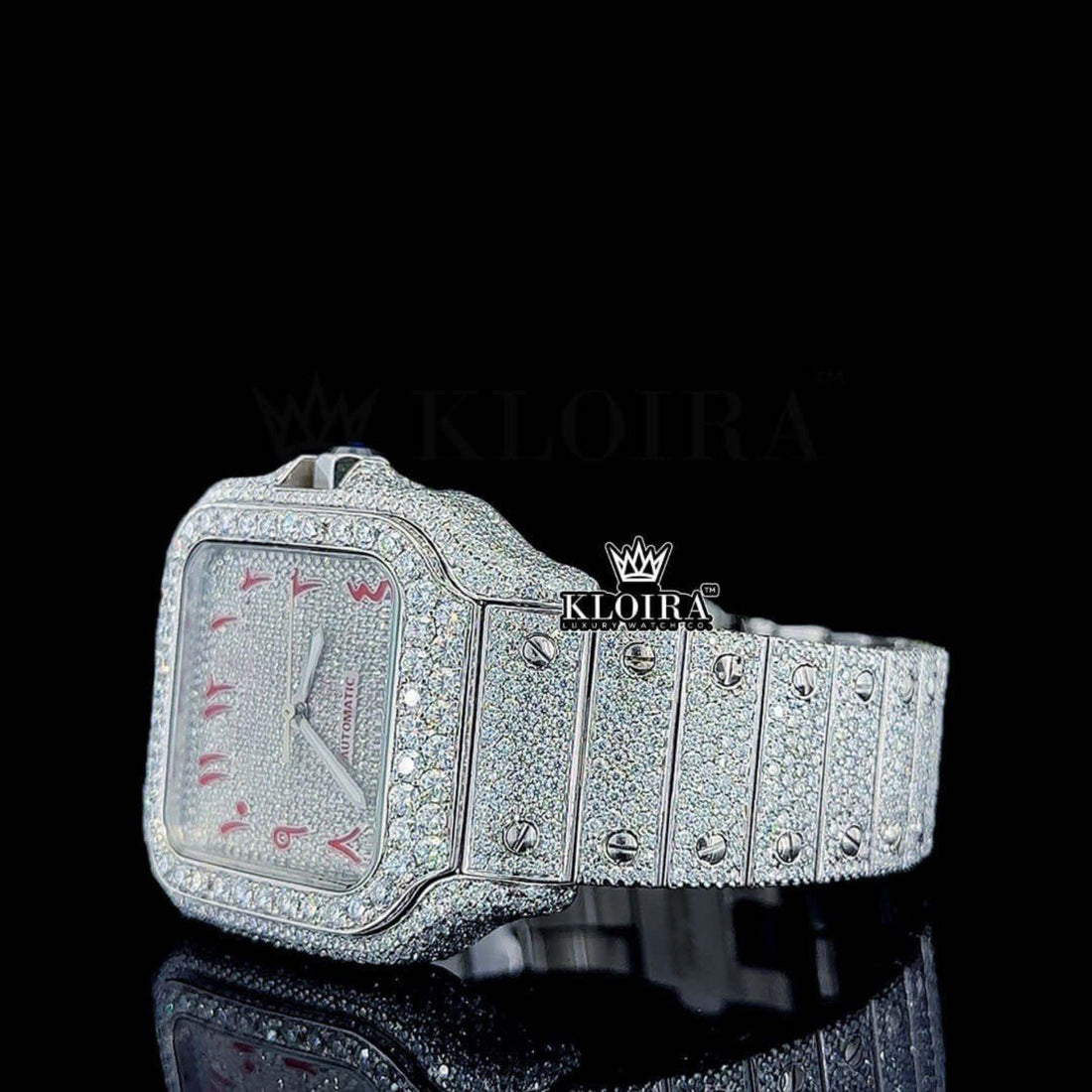 Cartier Santos Dumont Inspired Arabic Dial Moissanite Diamond Watch 14K Gold Front View