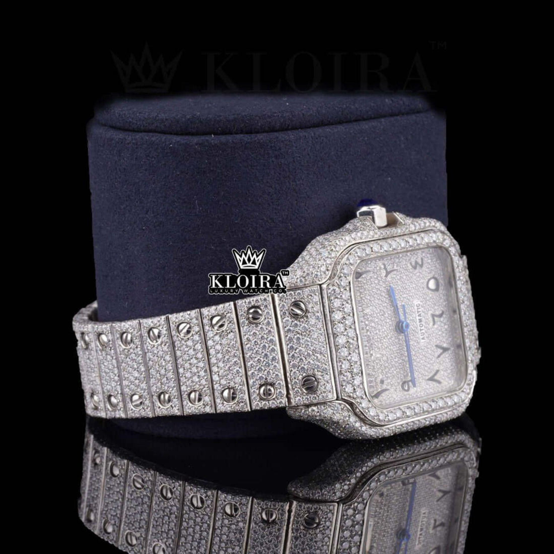 Cartier Santos Inspired Black Arabic Dial Moissanite Diamond Watch 14K Gold Front View