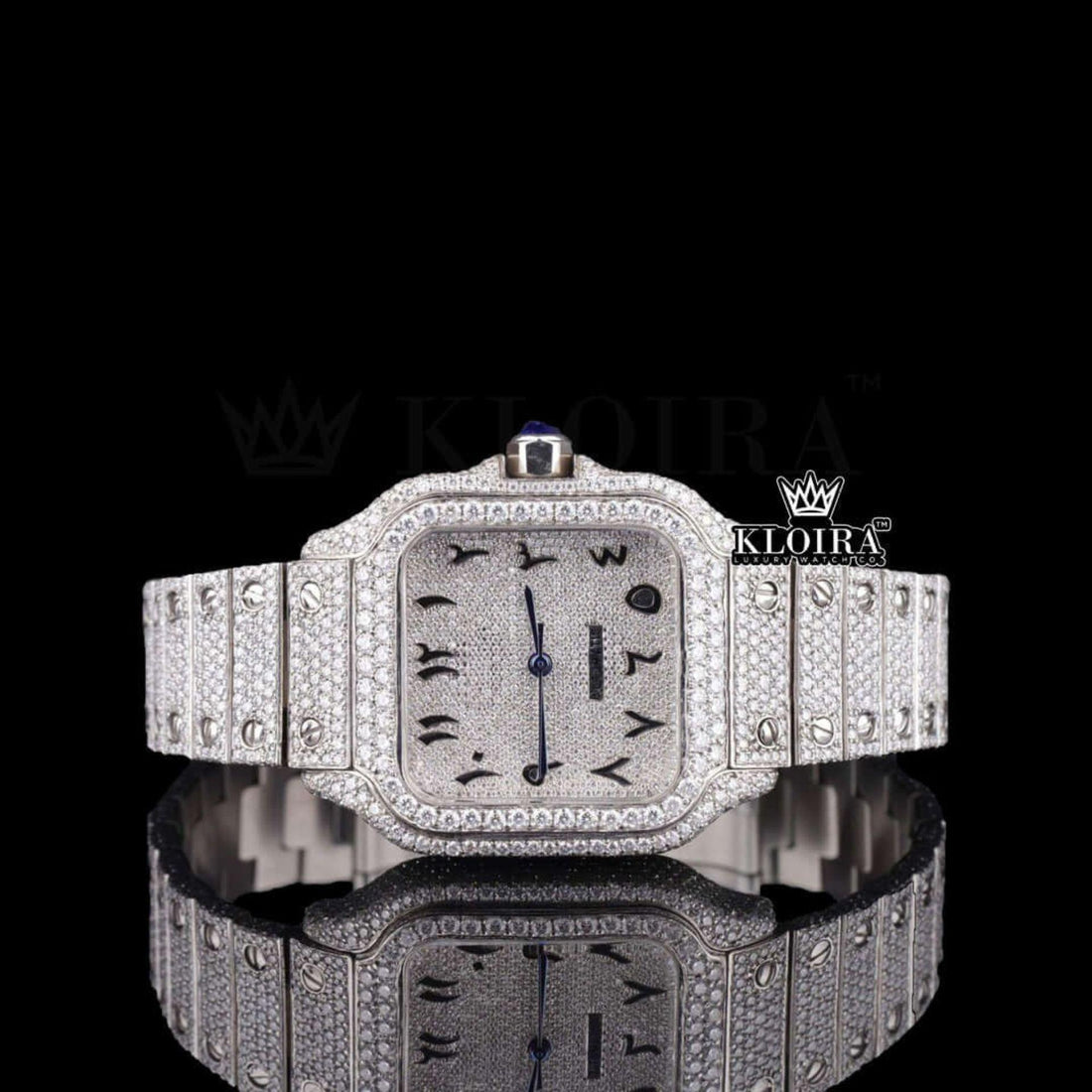 Cartier Santos Inspired Black Arabic Dial Moissanite Diamond Watch 14K Gold Front View