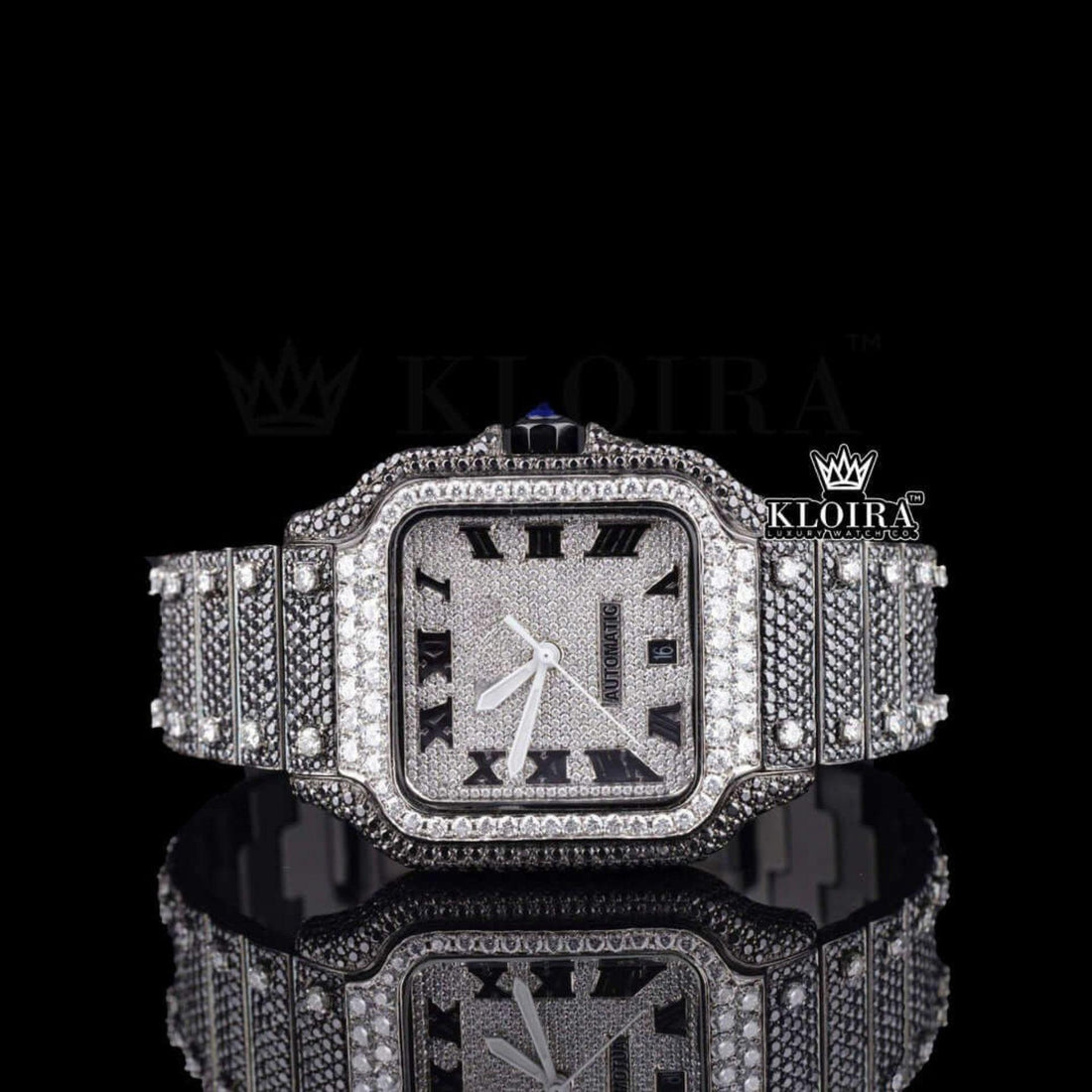 Cartier Santos Inspired Black Moissanite Diamond Watch Roman Numerals Front View