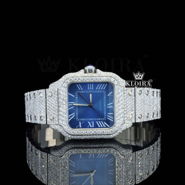 Cartier Santos Inspired Blue Dial Moissanite Diamond Watch 14K Gold VVS 42mm Front View