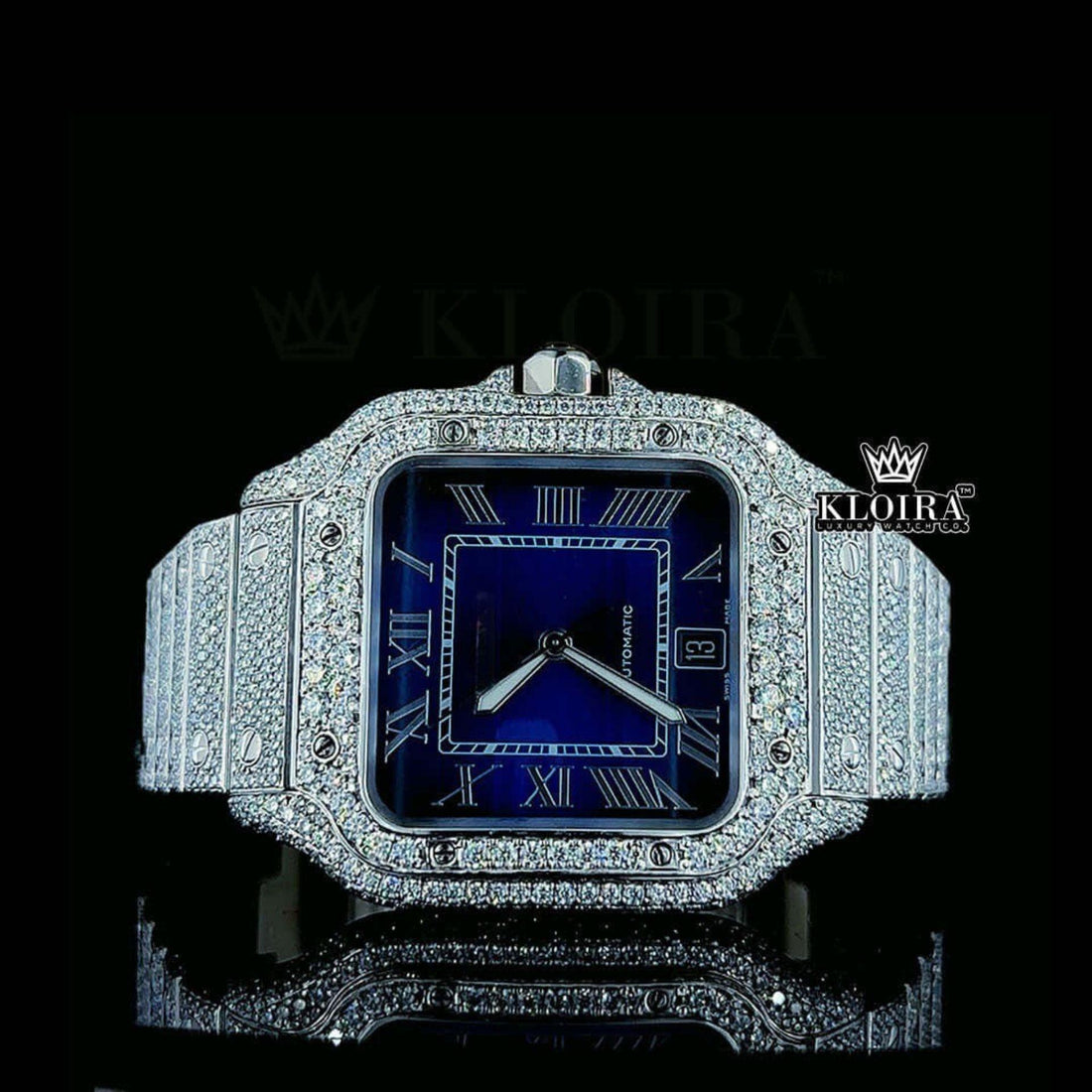 Cartier Santos Inspired  Blue Dial Oceanic Moissanite Diamond Watch 14K Gold Front View