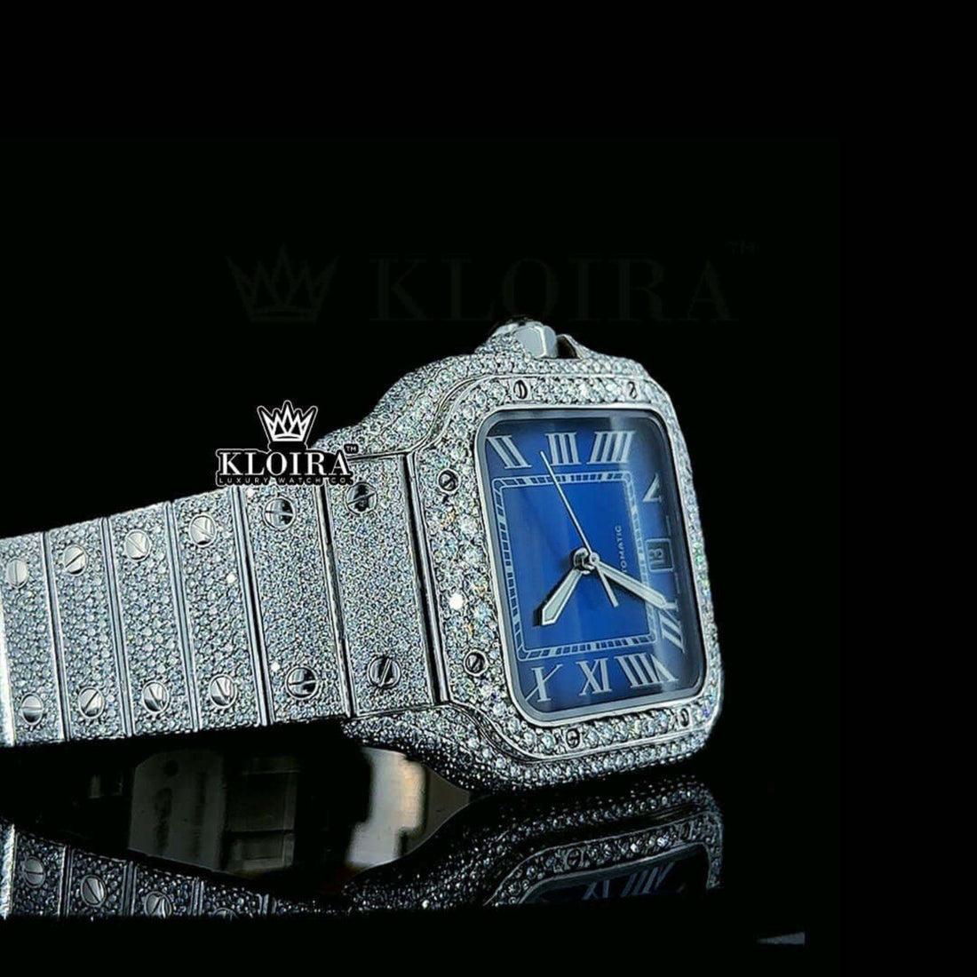 Cartier Santos Inspired  Blue Dial Oceanic Moissanite Diamond Watch 14K Gold Front View