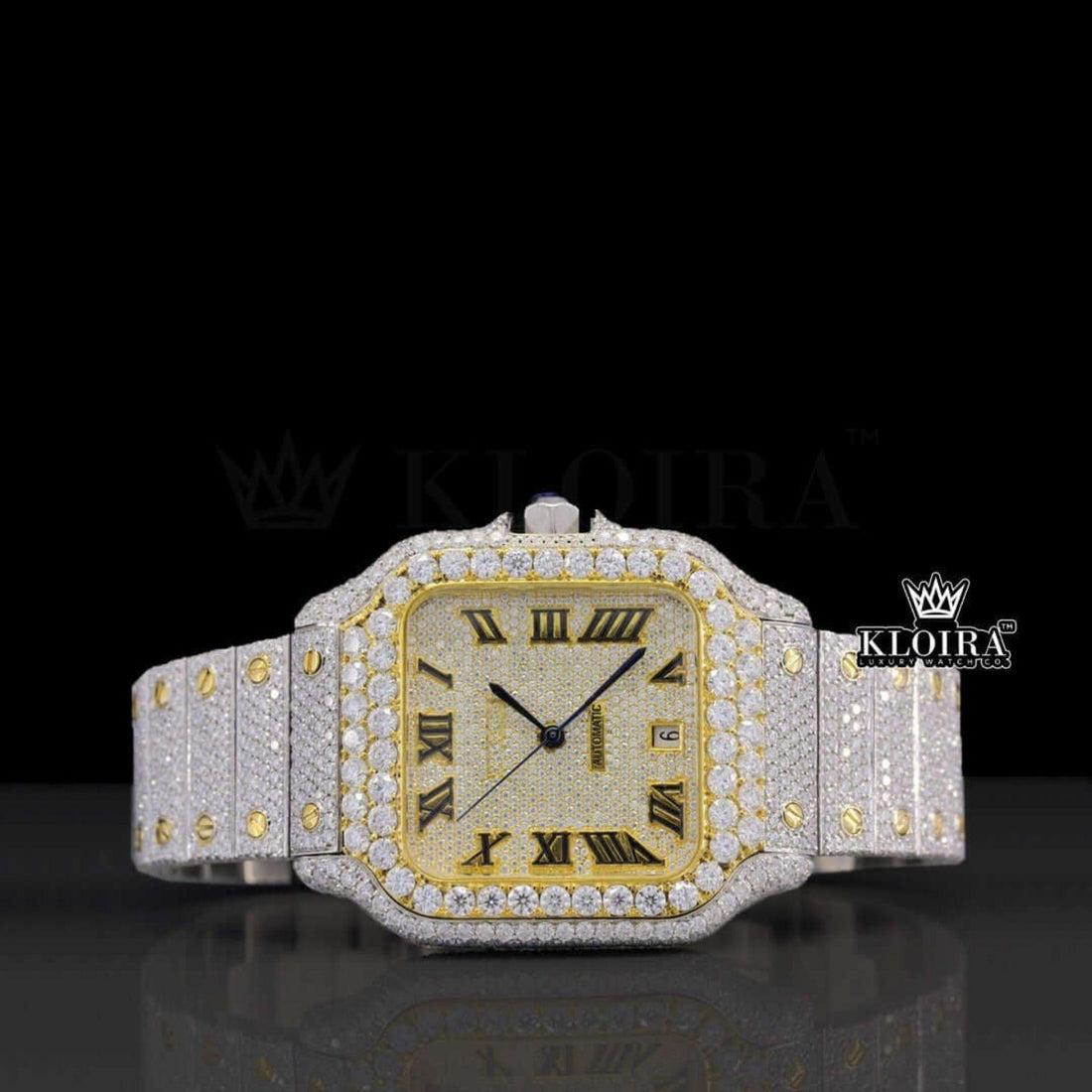 Cartier Santos Inspired Date Natural Diamond Watch 14K Gold VVS 29 Carat 42mm Front View