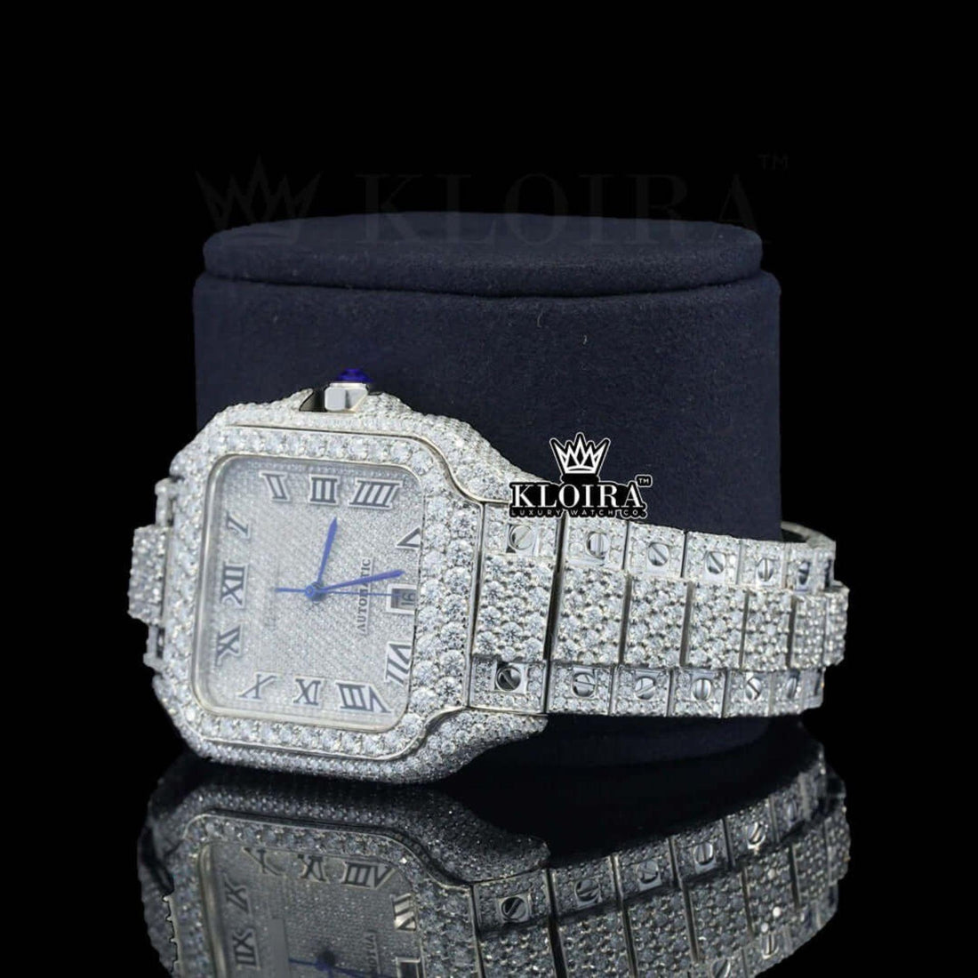 Cartier Santos Inspired Full Iced Moissanite Diamond Watch Roman Dial Front View