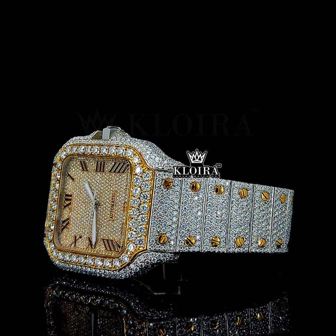 Cartier Santos Inspired Gold Dial Moissanite Diamond Watch 14K Gold 42mm Front View