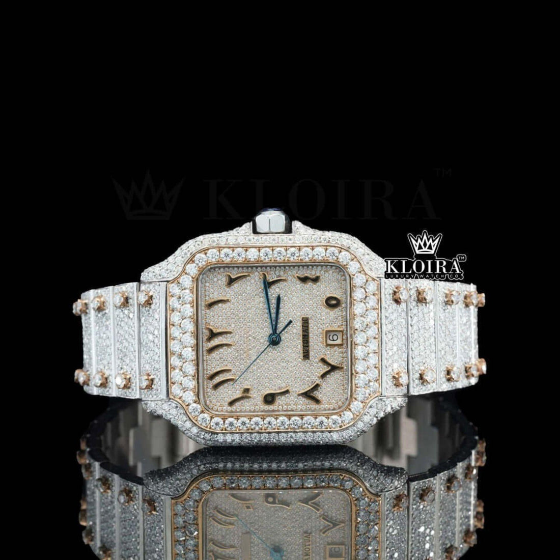 Cartier Santos Inspired Moissanite Diamond Watch Silver and Rose Gold Front View